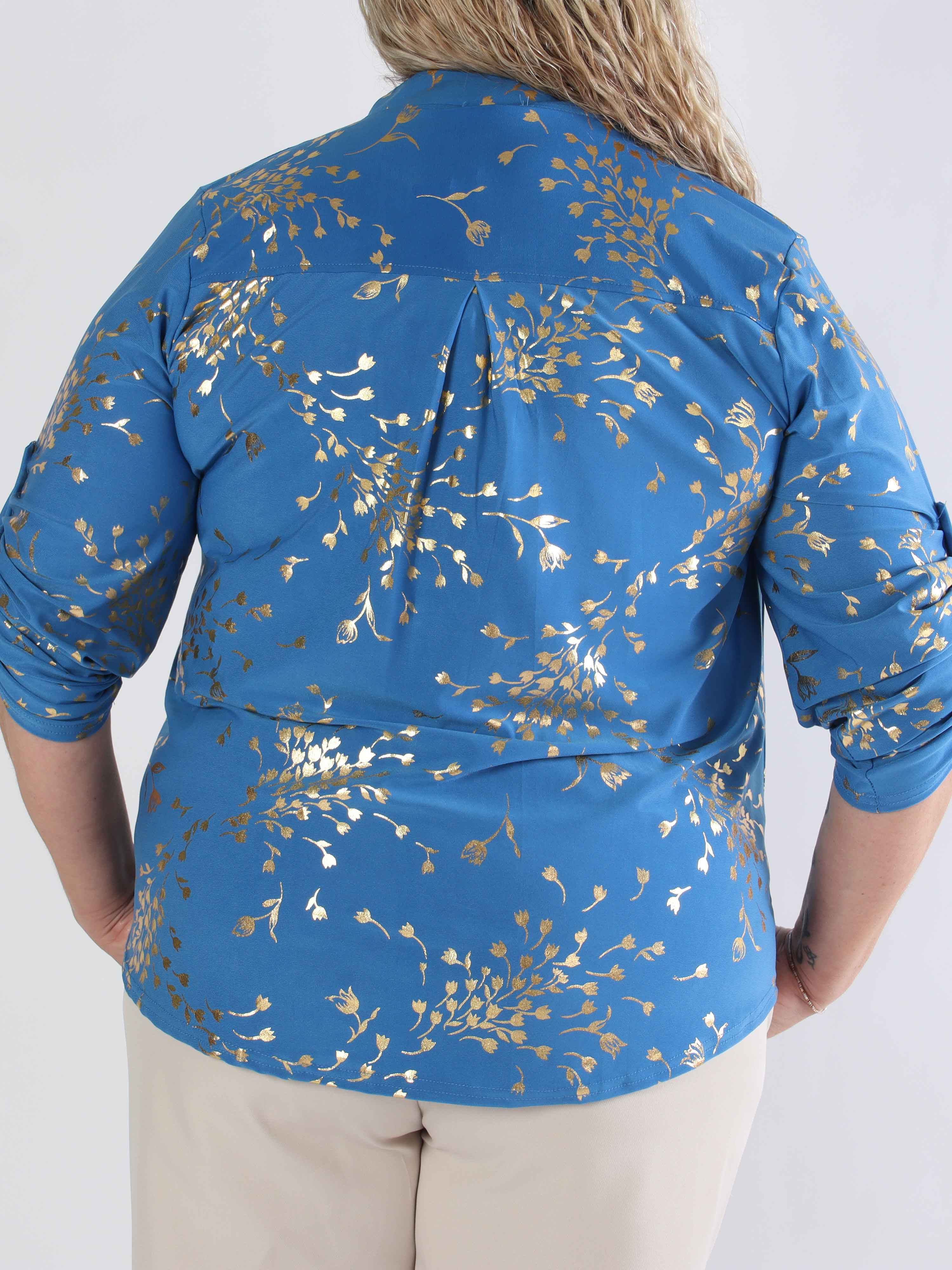 Ebba Gold Leaf Shirt - Elastisk plus size bluse mønstret med guld blade